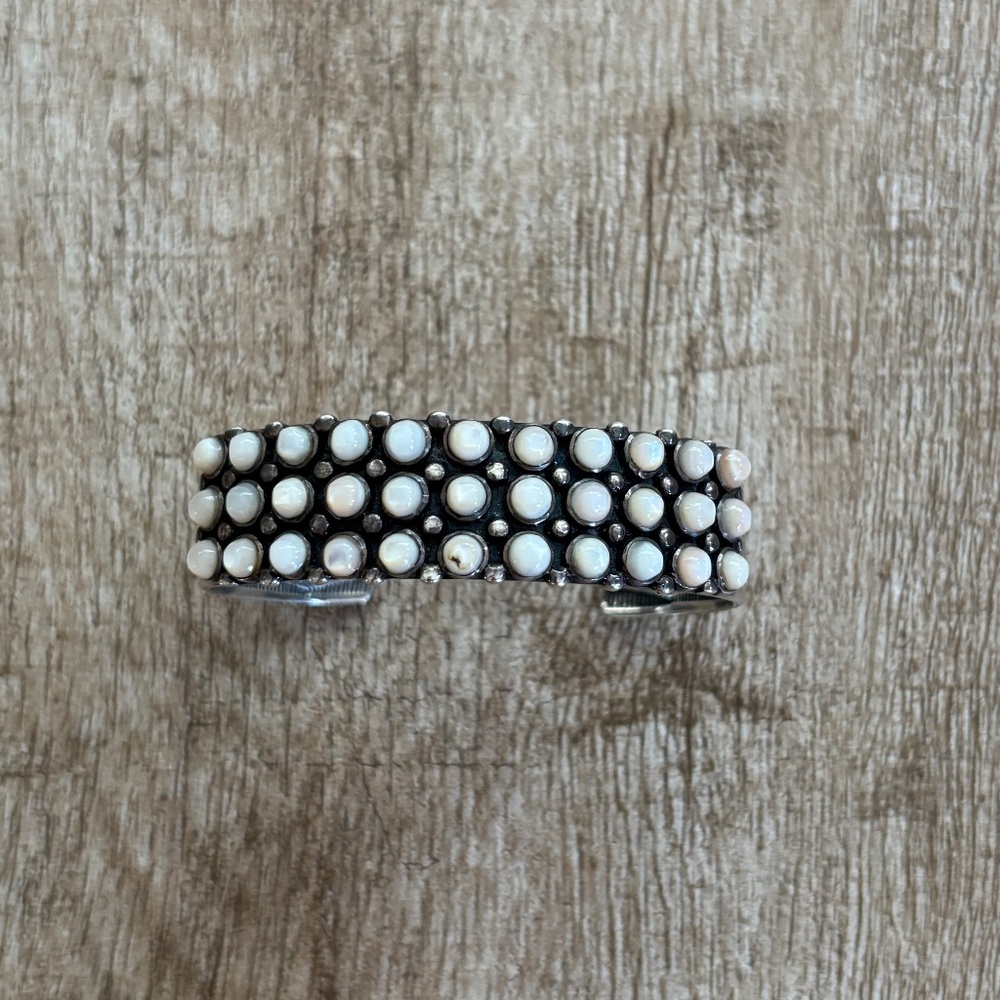 Mother of Pearl Navajo 3 Row Penny Dot Sterling Silver Cuff Bracelet - Picture 2 of 8